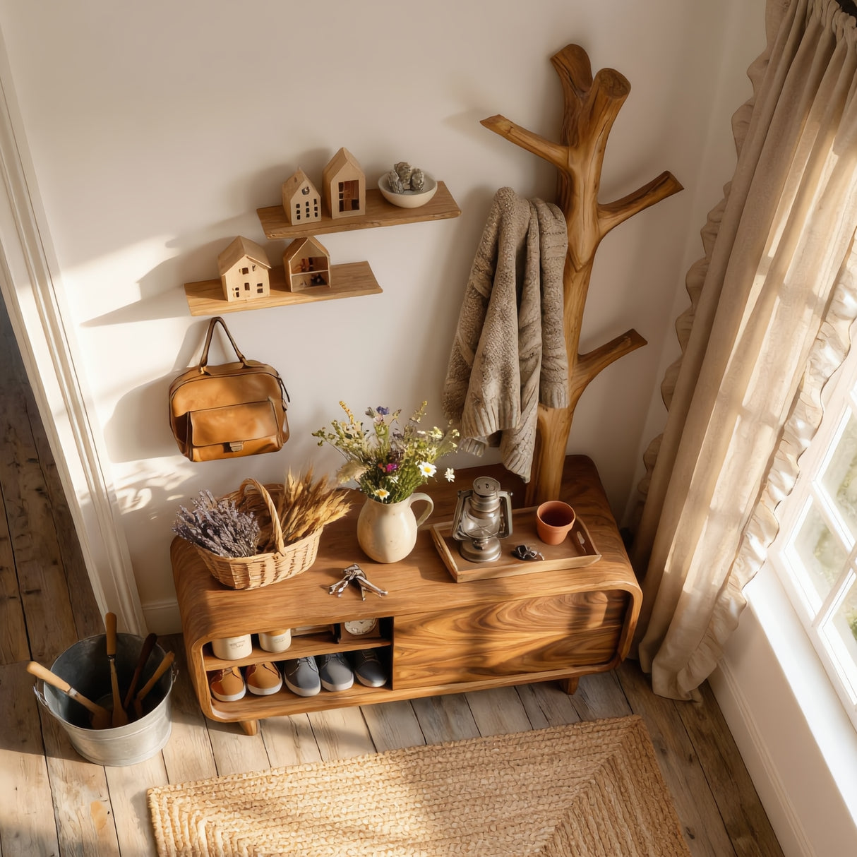 Handcrafted Solid Wood Shoe Cabinet with Coat Rack for Entryway and Hallway