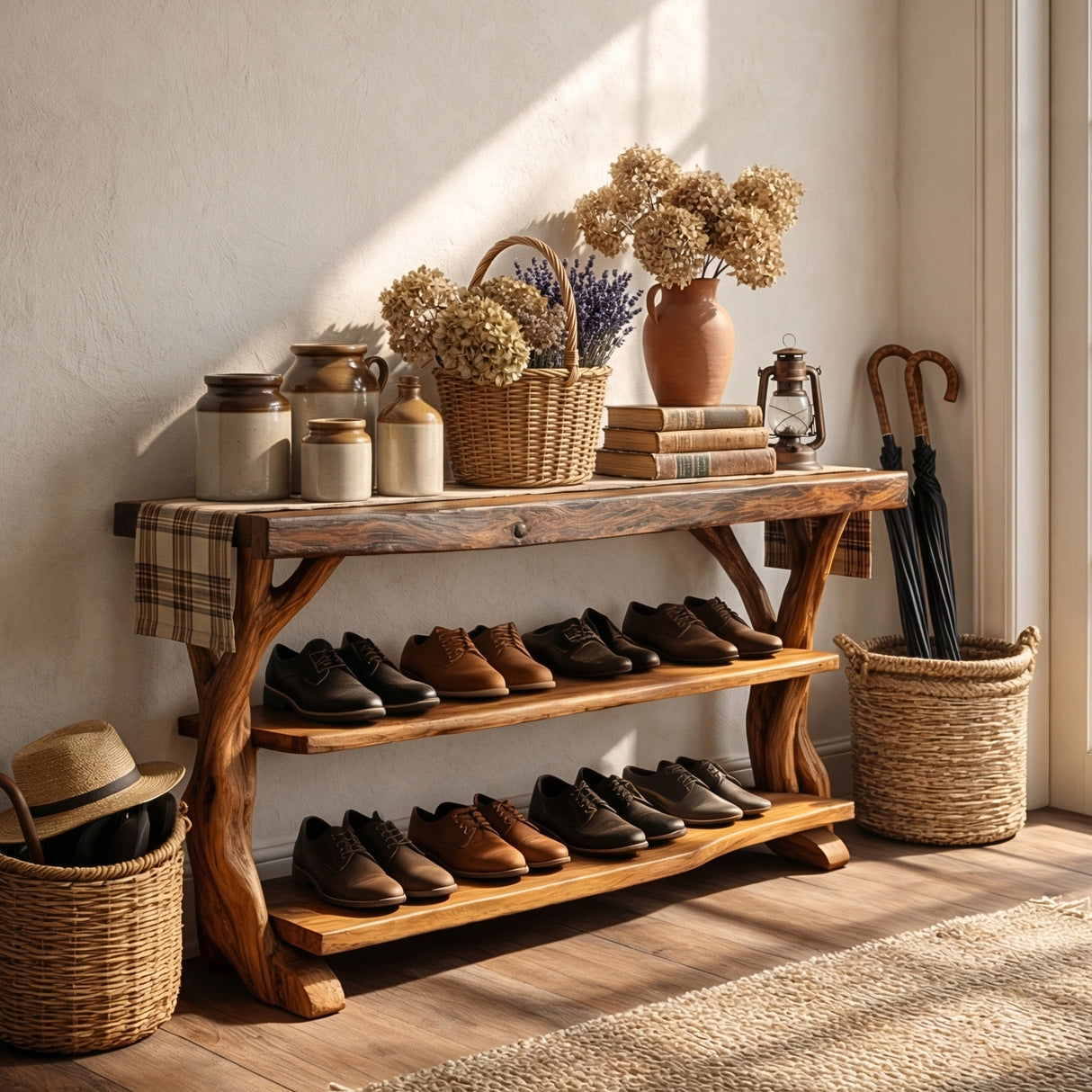 Handcrafted Solid Wood Shoe Rack Console with Open Shelves and Sculptural Branch Legs