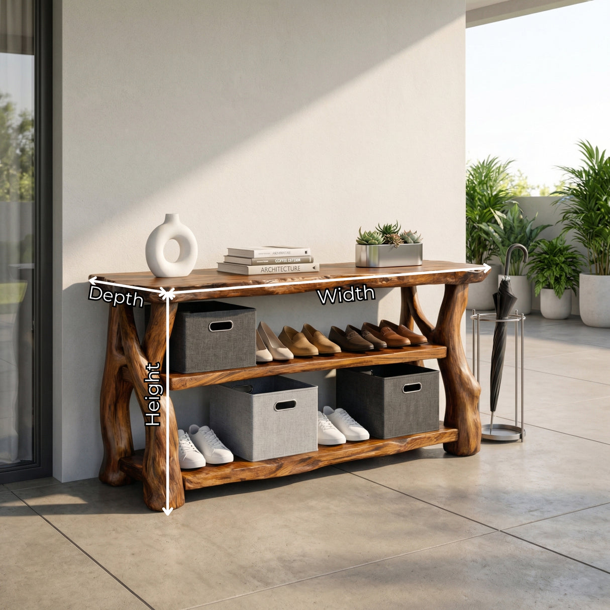 Handcrafted Solid Wood Shoe Rack Console with Rustic Live Edge Top and Open Shelving