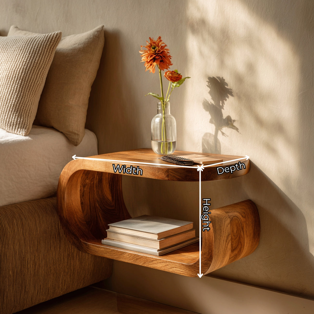 Handcrafted Solid Wood Floating Nightstand with Curved Open Storage for Bedroom