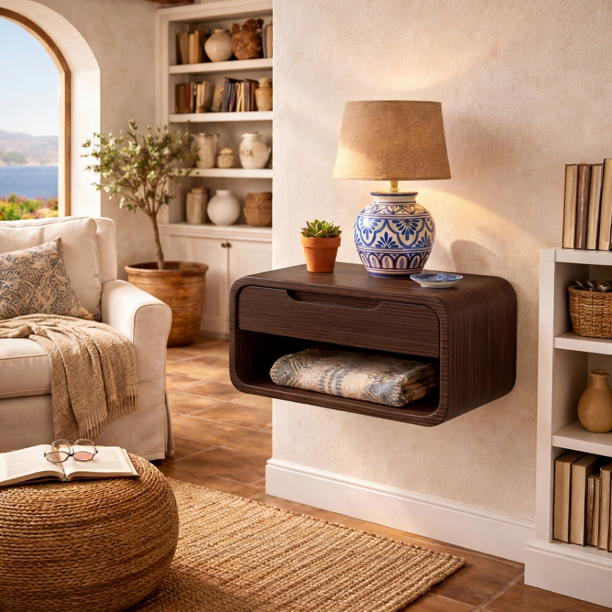 Handcrafted Solid Wood Floating Nightstand with Drawer and Open Storage for Bedroom