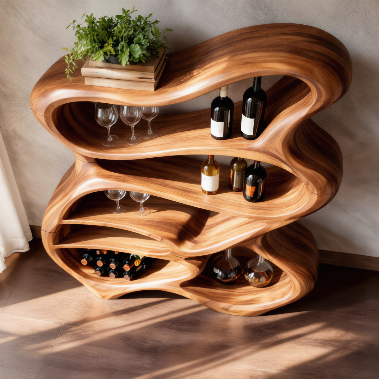 Handcrafted Solid Wood Bar Cabinet with Organic Open Shelves for Living Room
