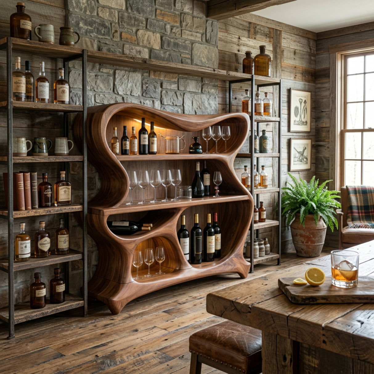Handcrafted Solid Wood Bar Cabinet with Sculptural Open Shelves