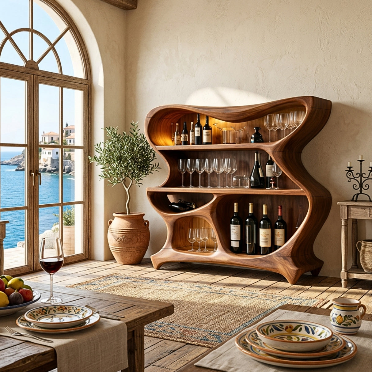 Handcrafted Solid Wood Bar Cabinet with Sculptural Open Shelves