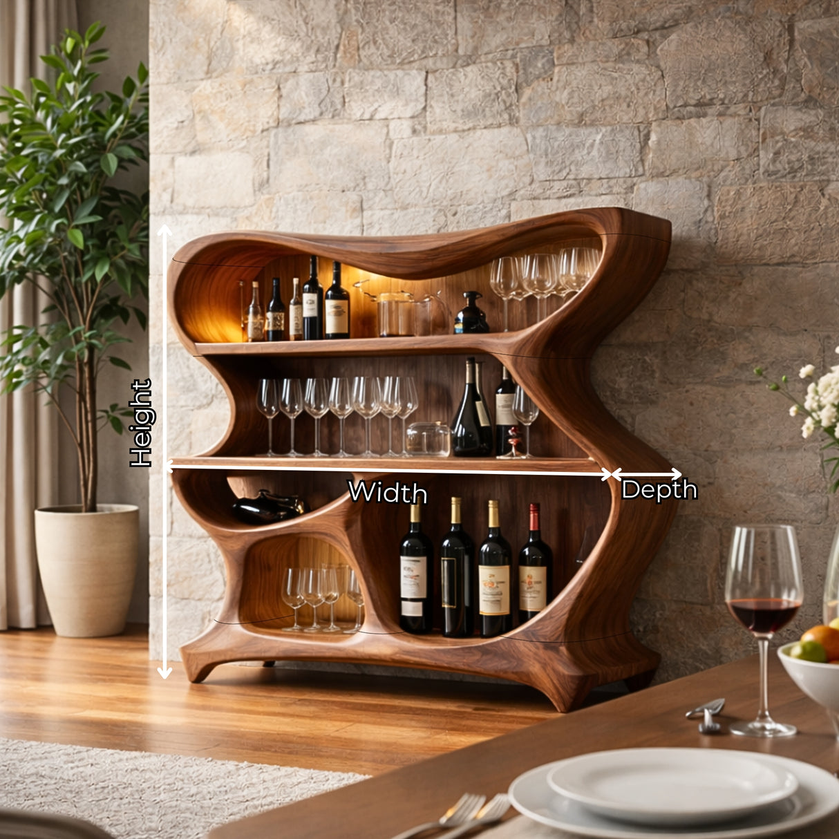 Handcrafted Solid Wood Bar Cabinet with Sculptural Open Shelves