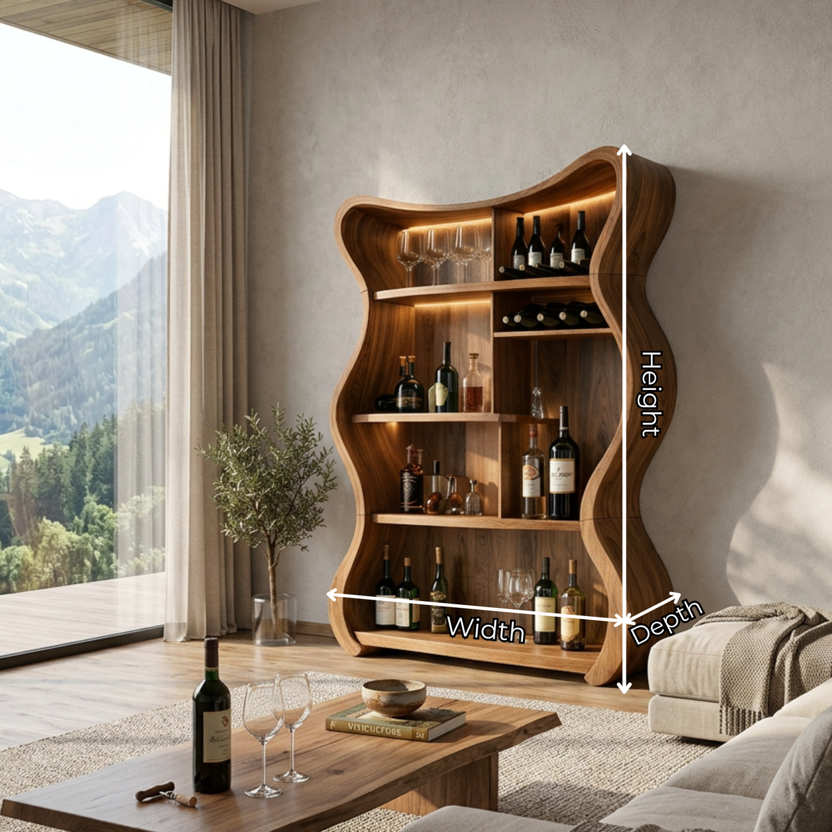 Handcrafted Solid Wood Wine Cabinet with Curved Open Shelves