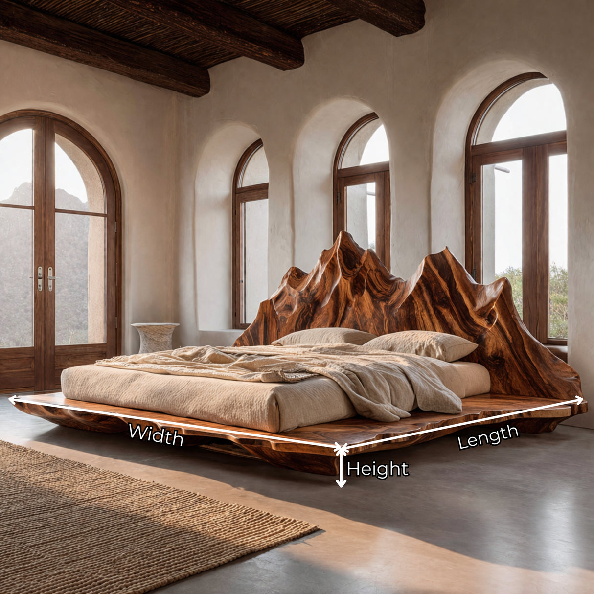 Handcrafted Solid Wood Sculptural Bed with Mountain-Inspired Headboard