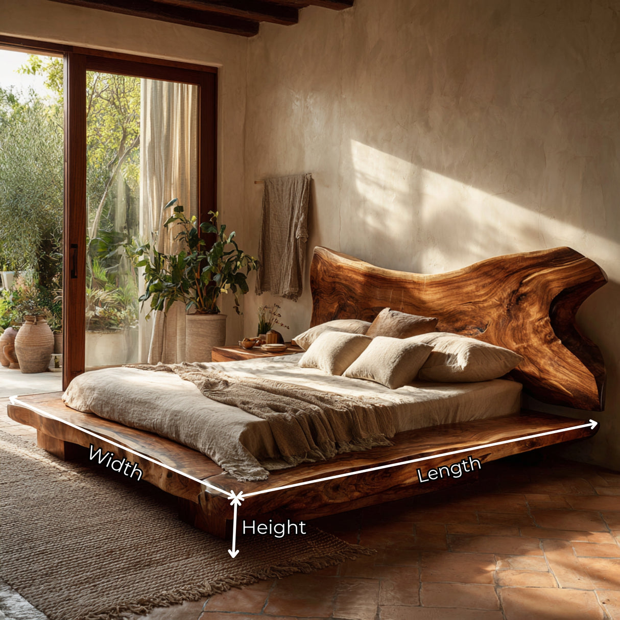 Solid Wood Sculptural Bed with Freeform Live Edge Headboard and Platform Base