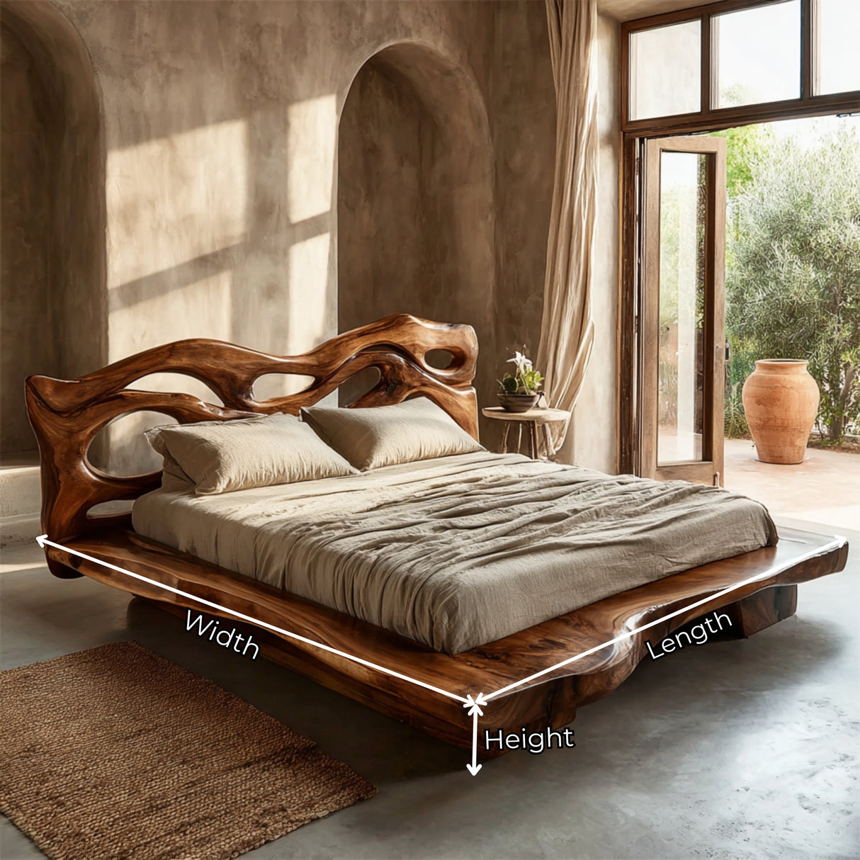 Solid Wood Sculptural Bed Frame with Organic Cutout Headboard Design