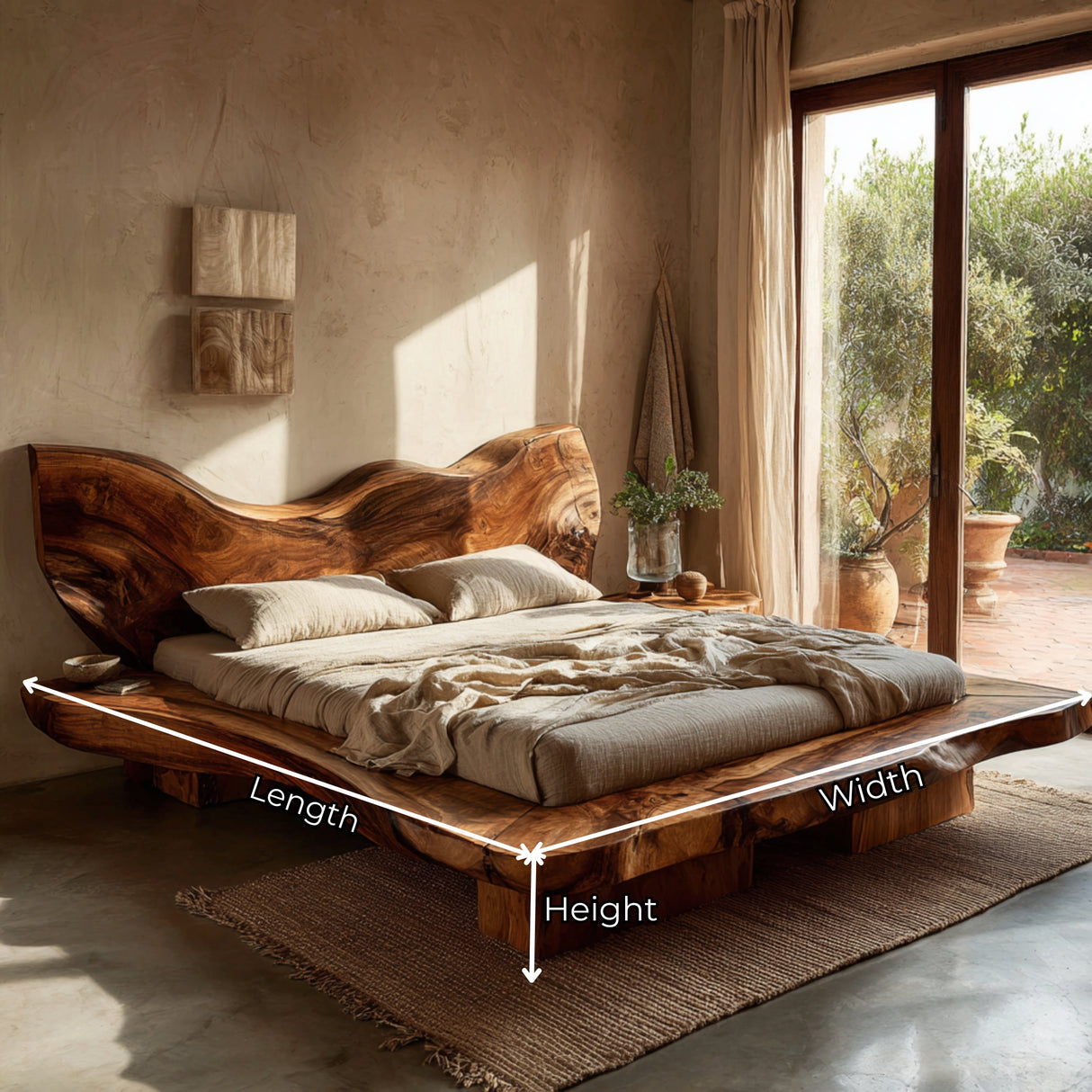Organic Solid Wood Platform Bed with Flowing Natural Contour Headboard