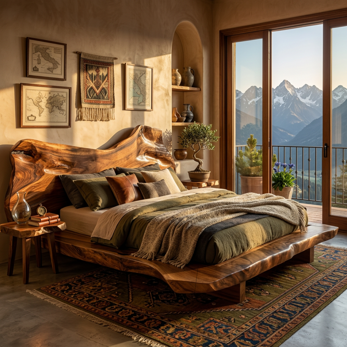 Natural Edge Solid Wood Bed with Sculpted Wave Headboard Design