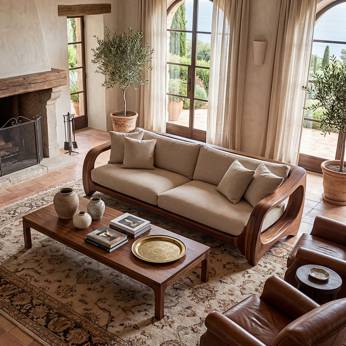 Handcrafted Solid Wood Sofa with Open Sculptural Arms for Living Room