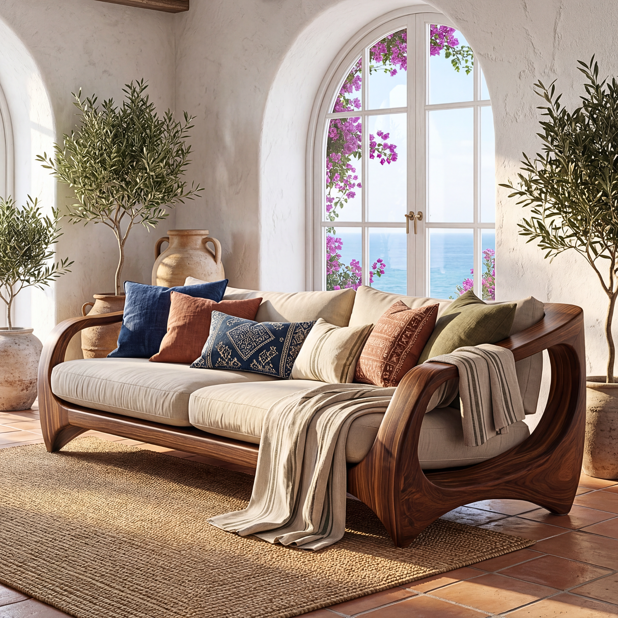 Handcrafted Solid Wood Sofa with Open Sculptural Arms for Living Room