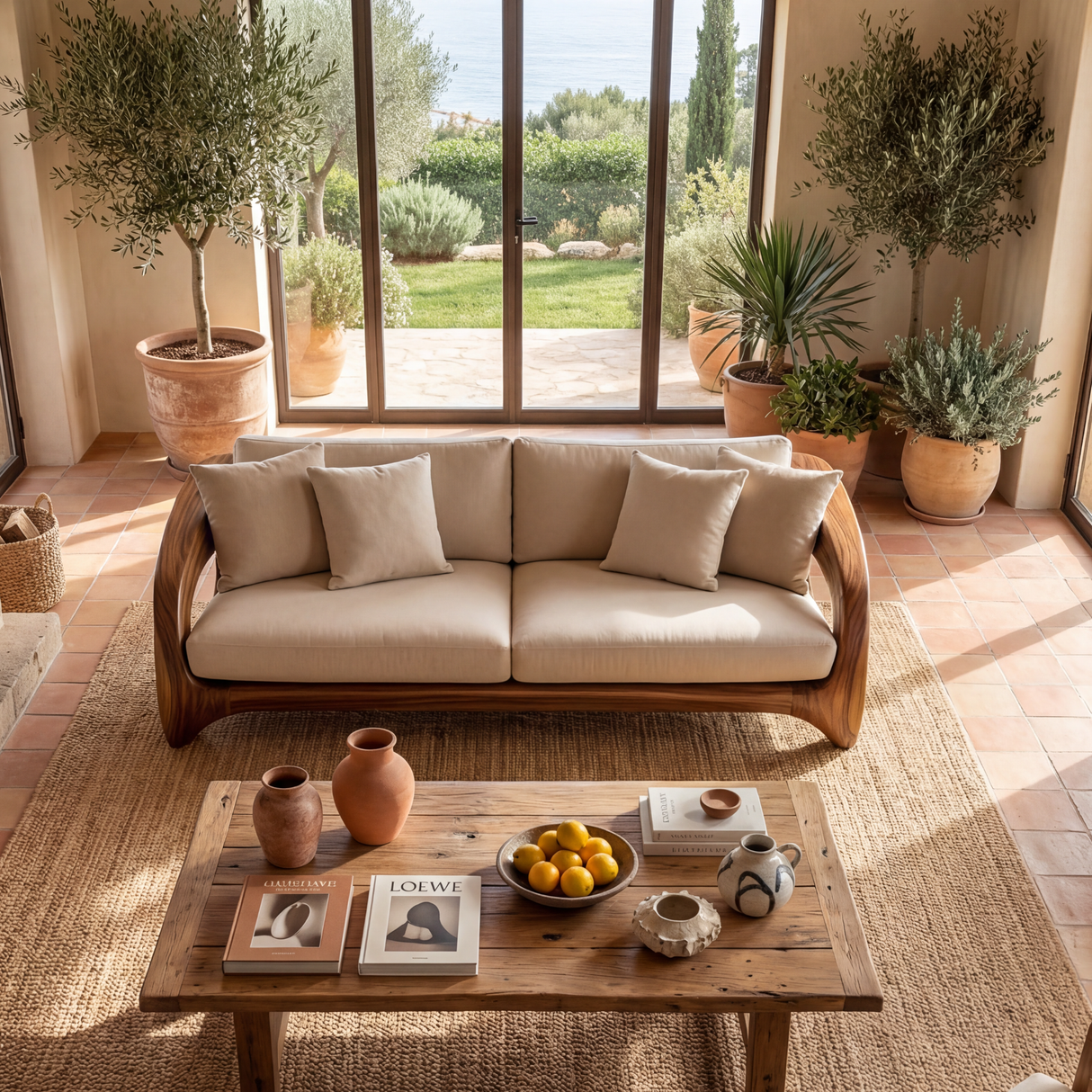 Solid Wood Sofa with Sculptural Open Frame for Reading Room