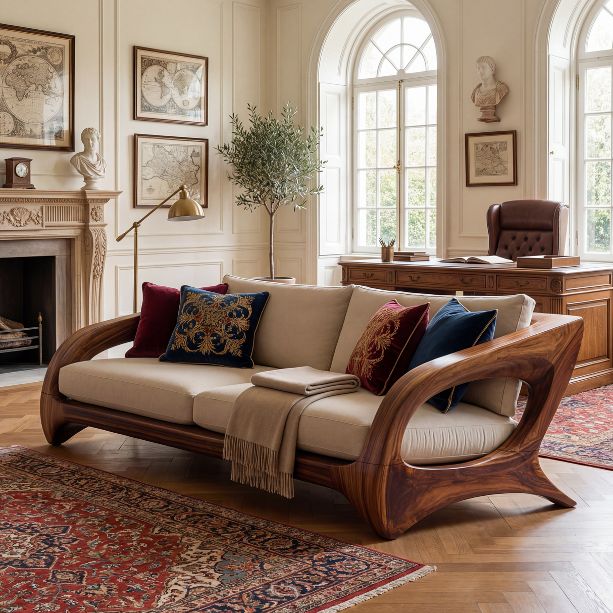 Solid Wood Sofa with Sculptural Open Frame for Reading Room