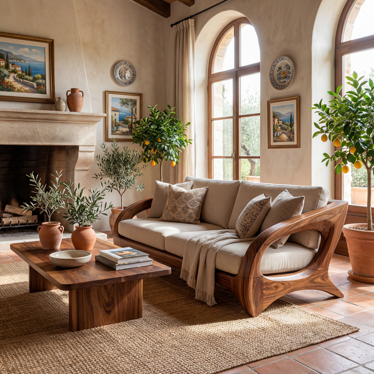 Solid Wood Sofa with Sculptural Open Frame for Reading Room