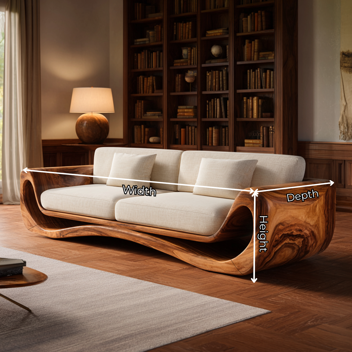 Solid Wood Curved Frame Sofa with Sculptural Wrapped Sides for Home Library