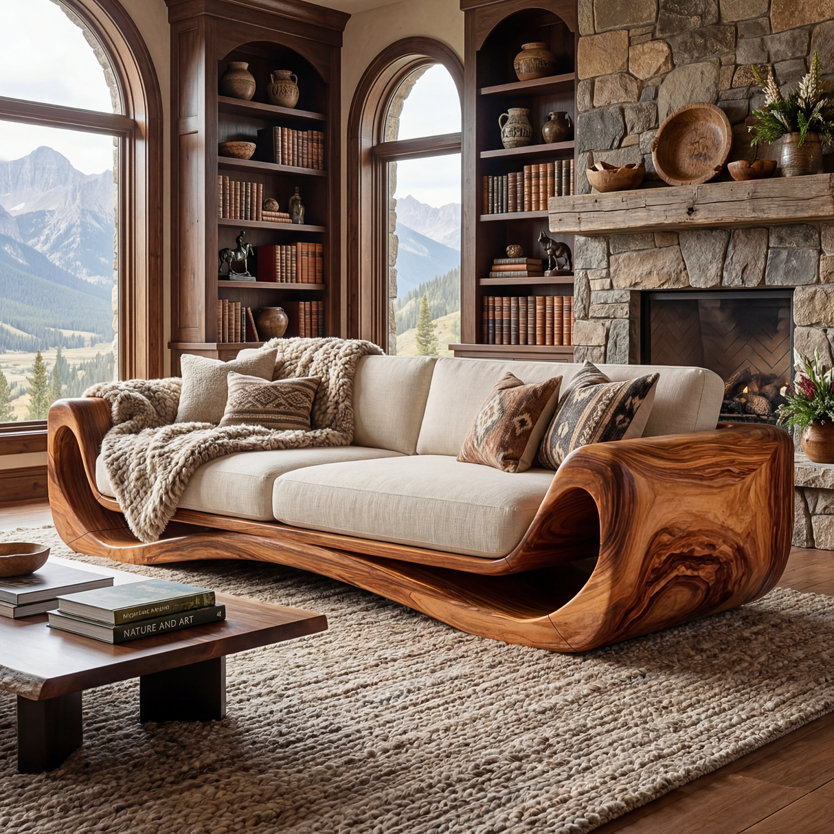 Solid Wood Curved Frame Sofa with Sculptural Wrapped Sides for Home Library