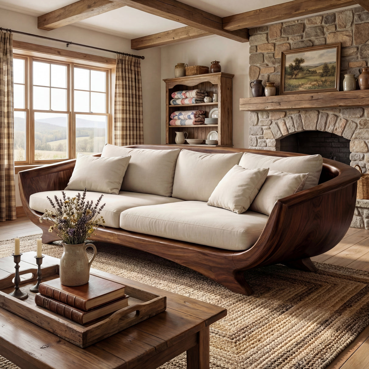 Solid Wood Curved Lounge Sofa with Sculptural Framed Sides for Living Room