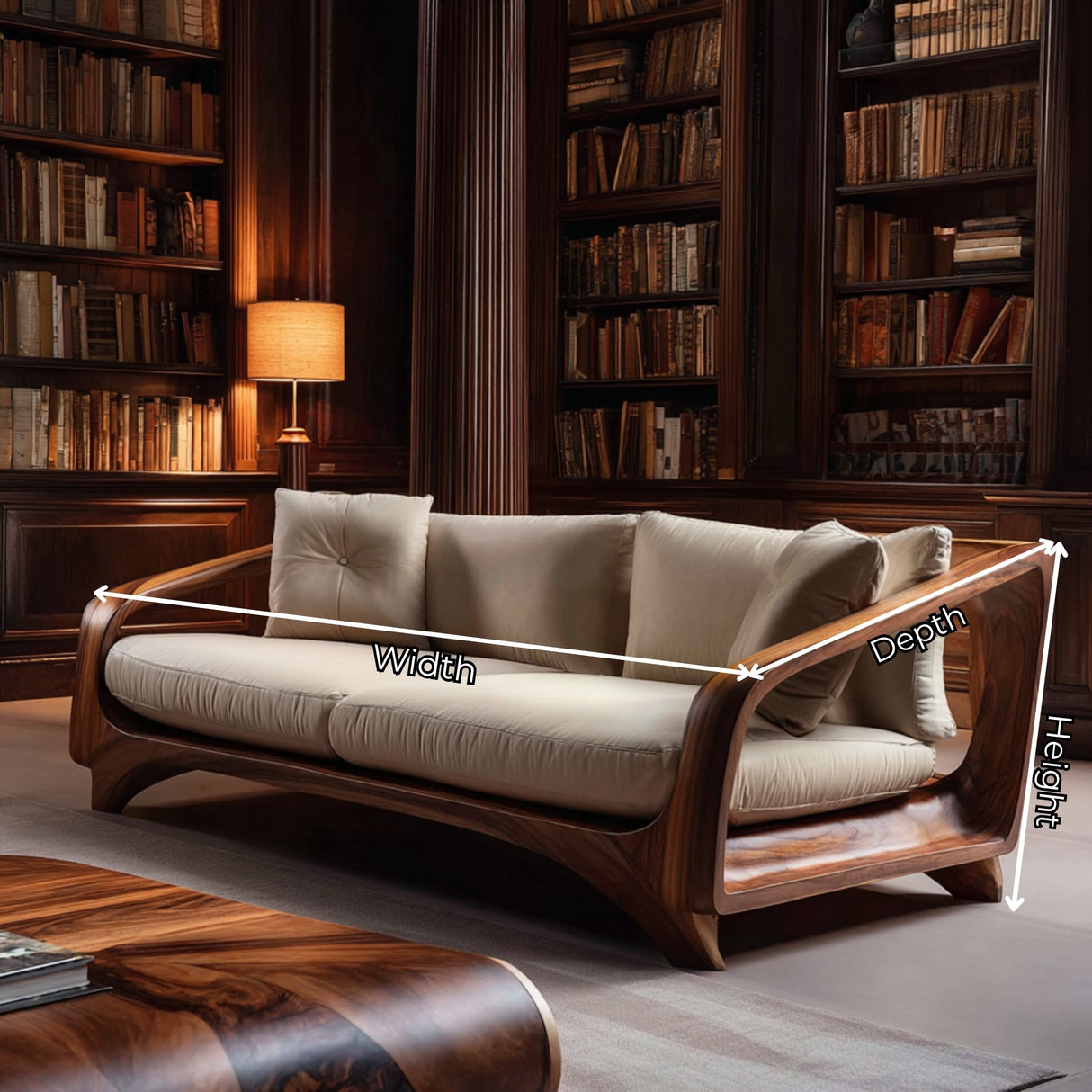 Solid Wood Sofa with Open Curved Arm Frame for Reading Room and Library Lounge