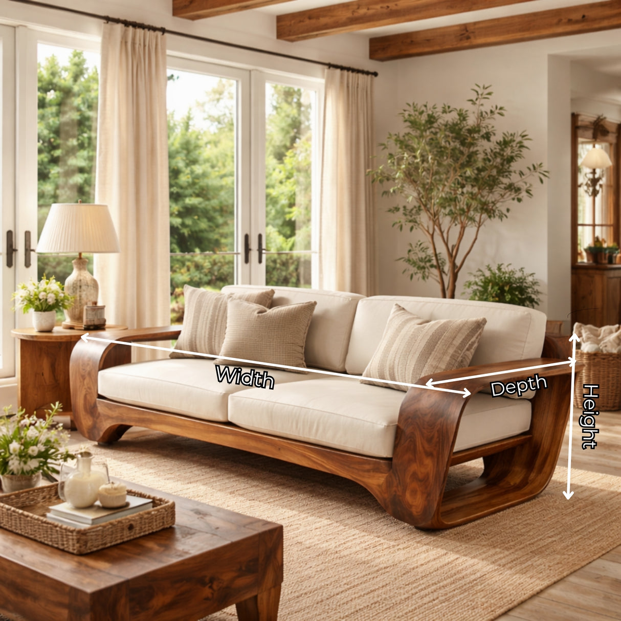 Solid Wood Sofa with Curved Loop Arms for Living Room and Lounge Space