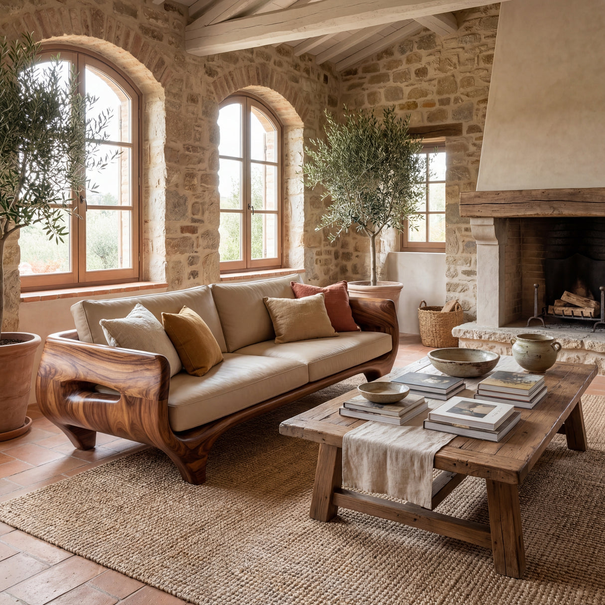 Solid Wood Sofa with Sculptural Panel Arms for Reading Room and Library Interior