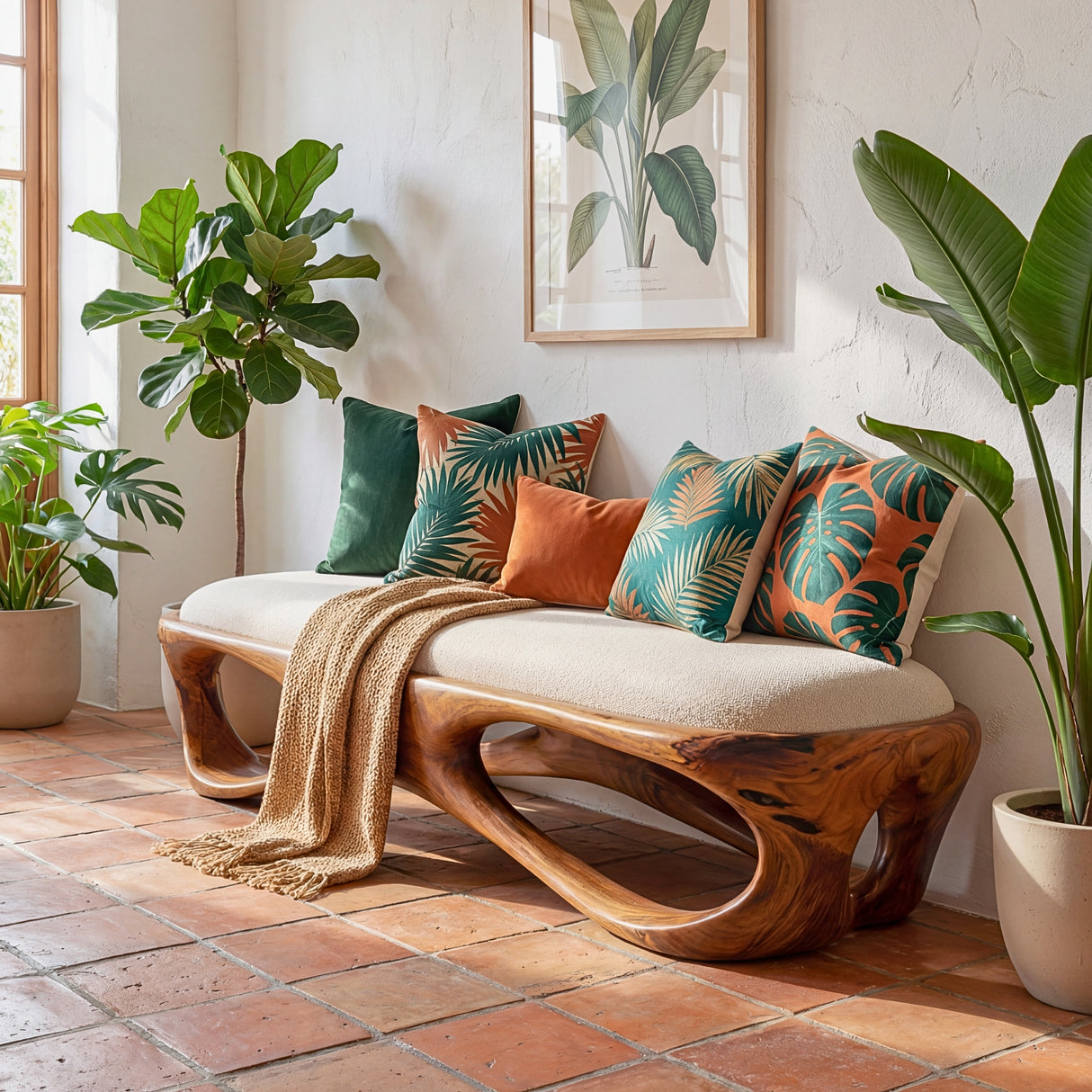 Solid Wood Sculptural Bench with Flowing Open Base for Entryway