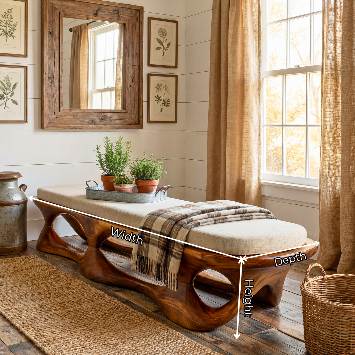 Solid Wood Sculptural Bench with Open Carved Base for Entryway