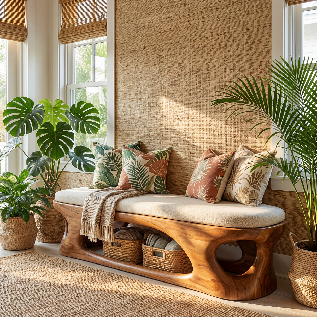 Sculptural Solid Wood Bench with Open Carved Base for Modern Interior