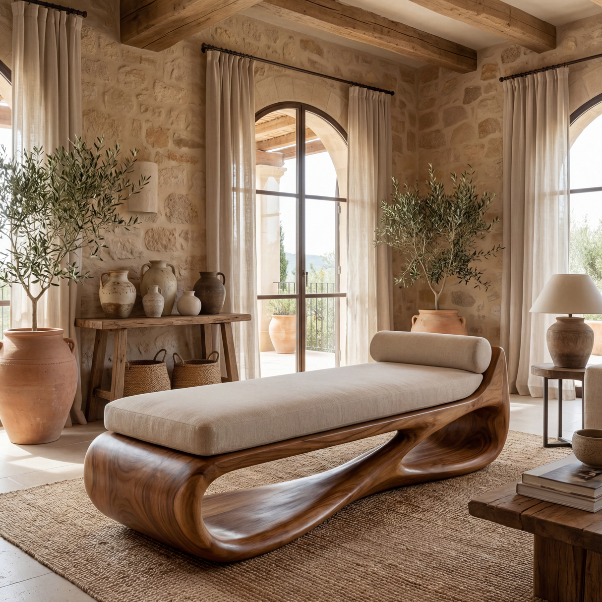 Solid Wood Sculptural Daybed Bench with Flowing Open Base for Modern Interior