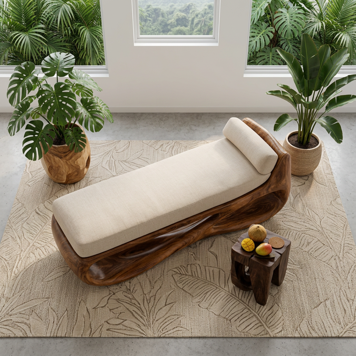 Solid Wood Sculptural Daybed Bench with Flowing Open Base for Modern Interior