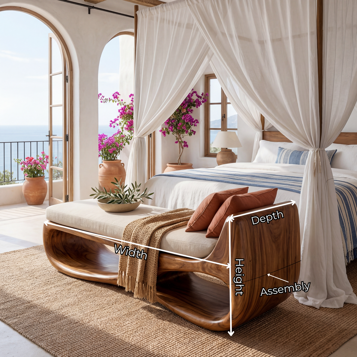 Solid Wood Sculptural Daybed Bench with Flowing Open Base for Modern Interior