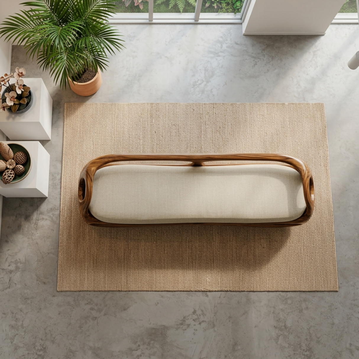Organic Solid Wood Bench with Open Sculptural Frame for Bedroom