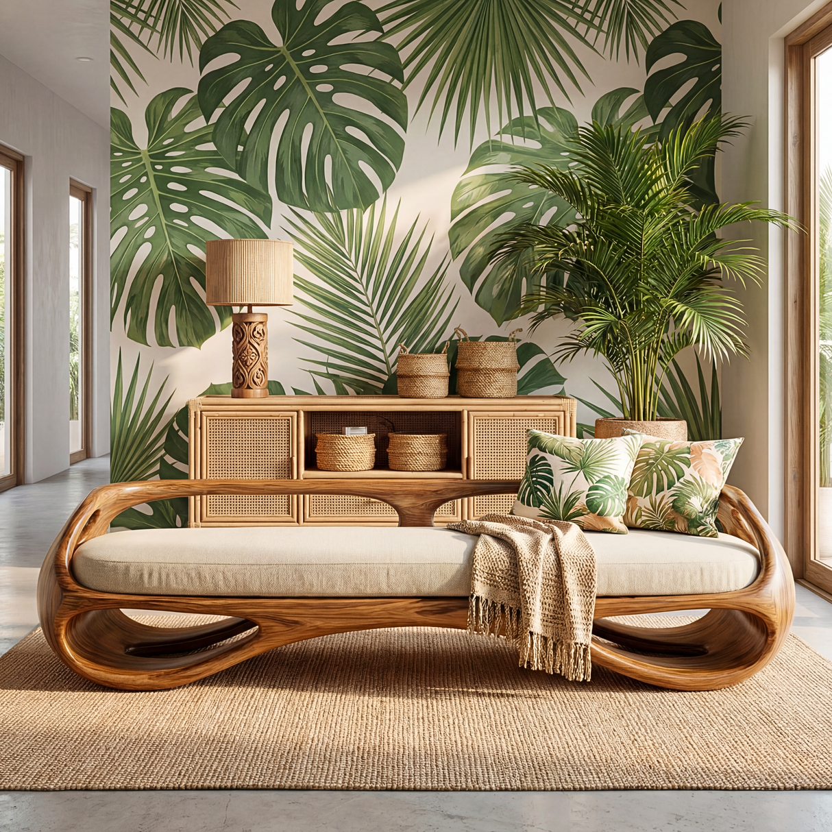 Organic Solid Wood Bench with Open Sculptural Frame for Bedroom
