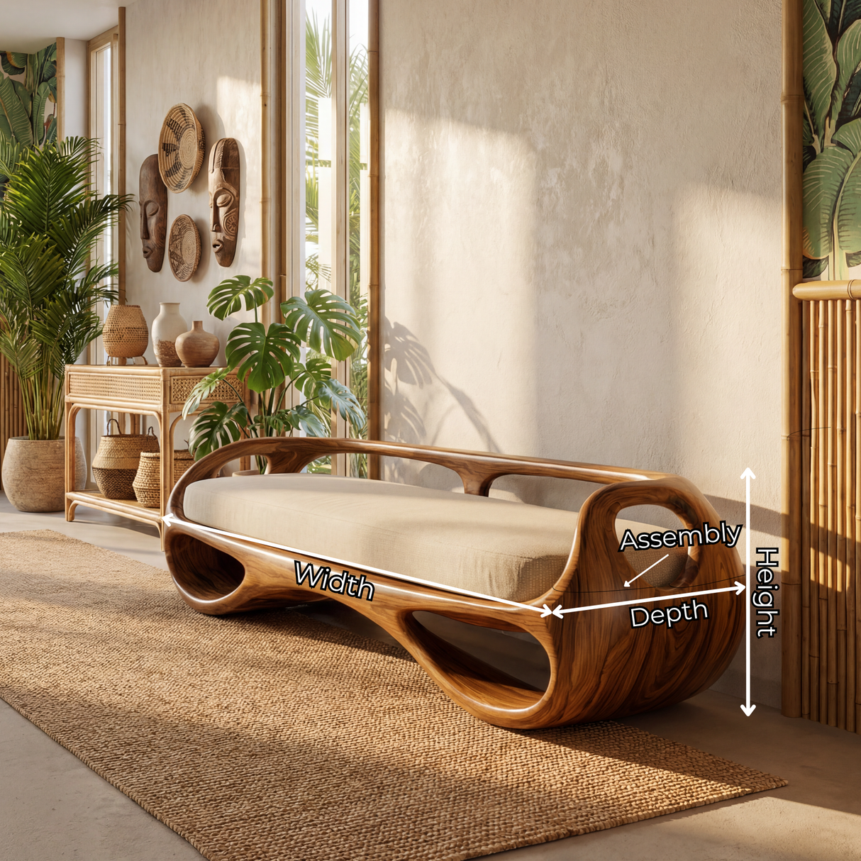 Organic Solid Wood Bench with Open Sculptural Frame for Bedroom