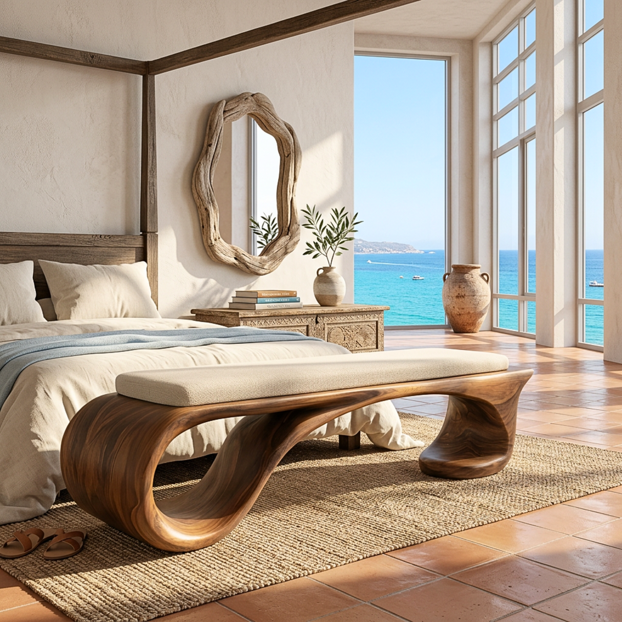 Organic Solid Wood Hallway Bench with Sculptural Curved Base
