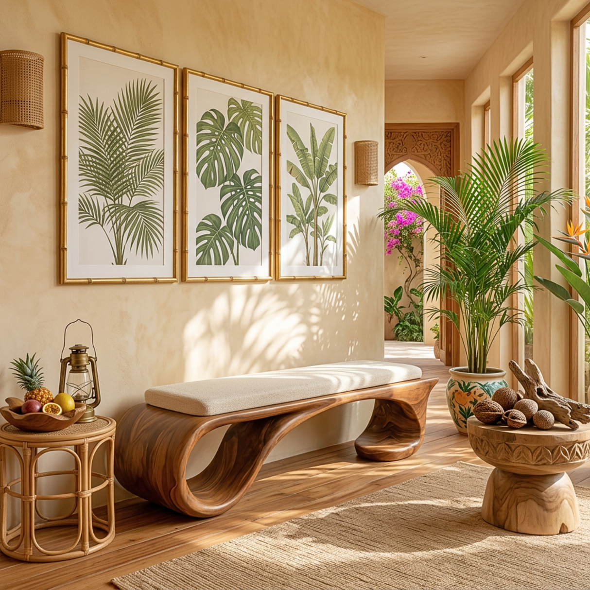 Organic Solid Wood Hallway Bench with Sculptural Curved Base