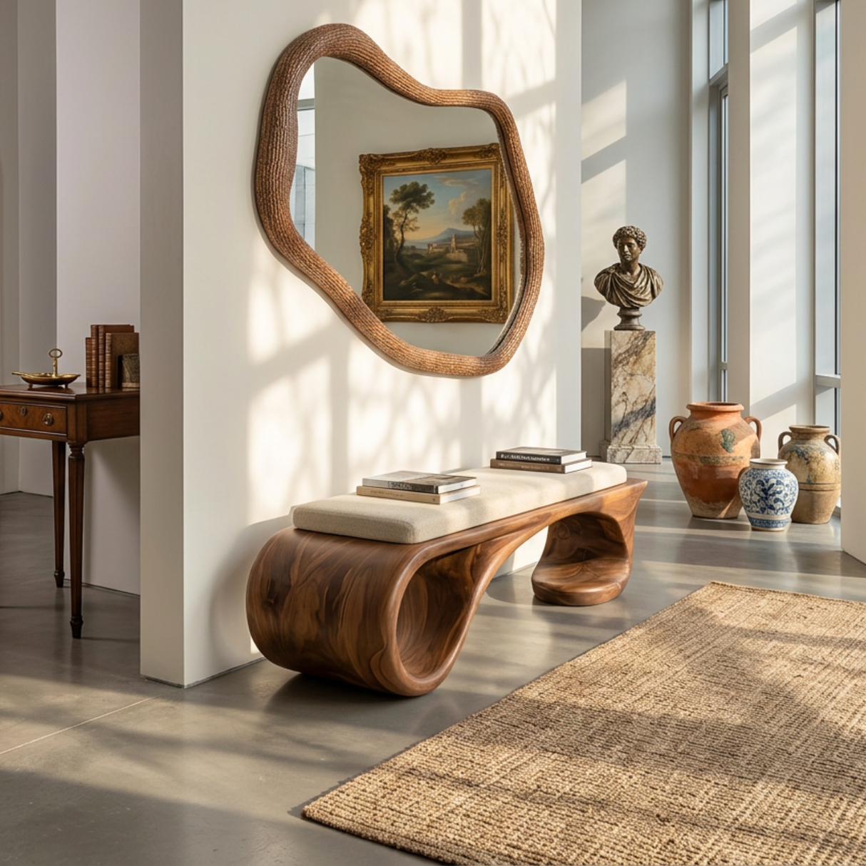 Organic Solid Wood Hallway Bench with Sculptural Curved Base