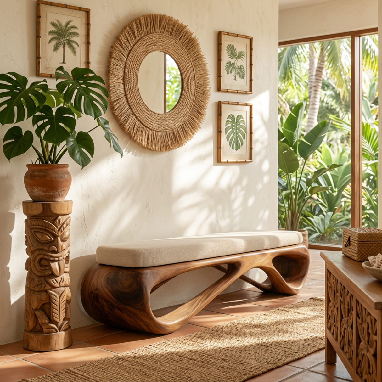 Sculptural Solid Wood Hallway Bench with Flowing Open Base