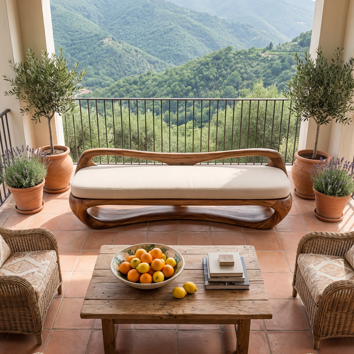 Sculptural Solid Wood Bench with Open Frame and Flowing Backrest for Living Space