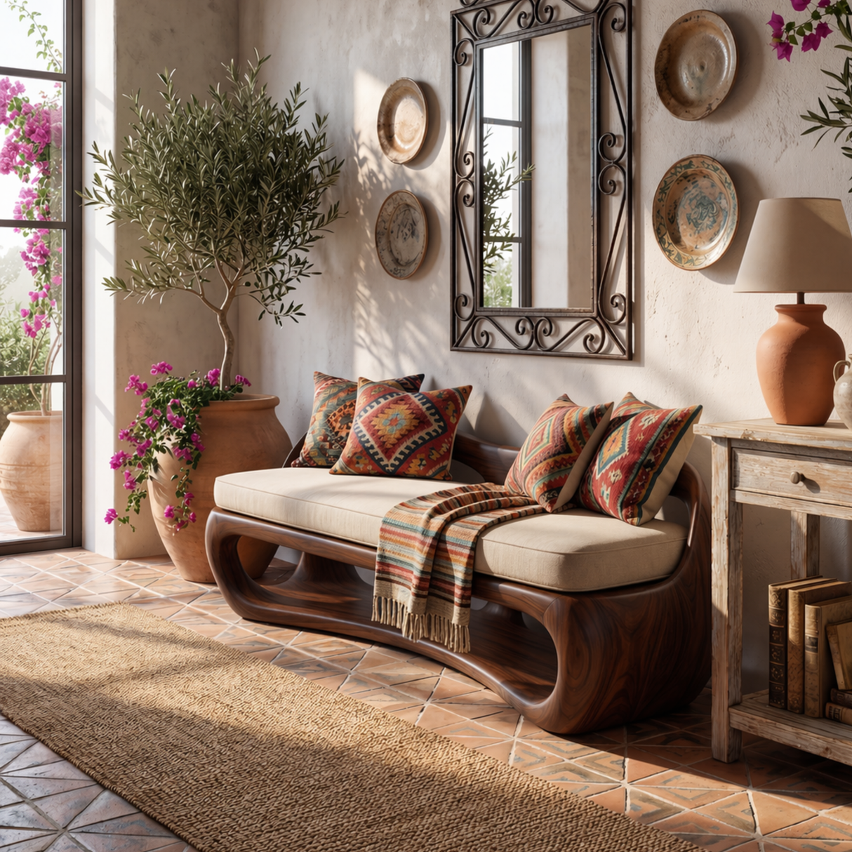 Sculptural Solid Wood Bench with Open Frame and Flowing Backrest for Living Space
