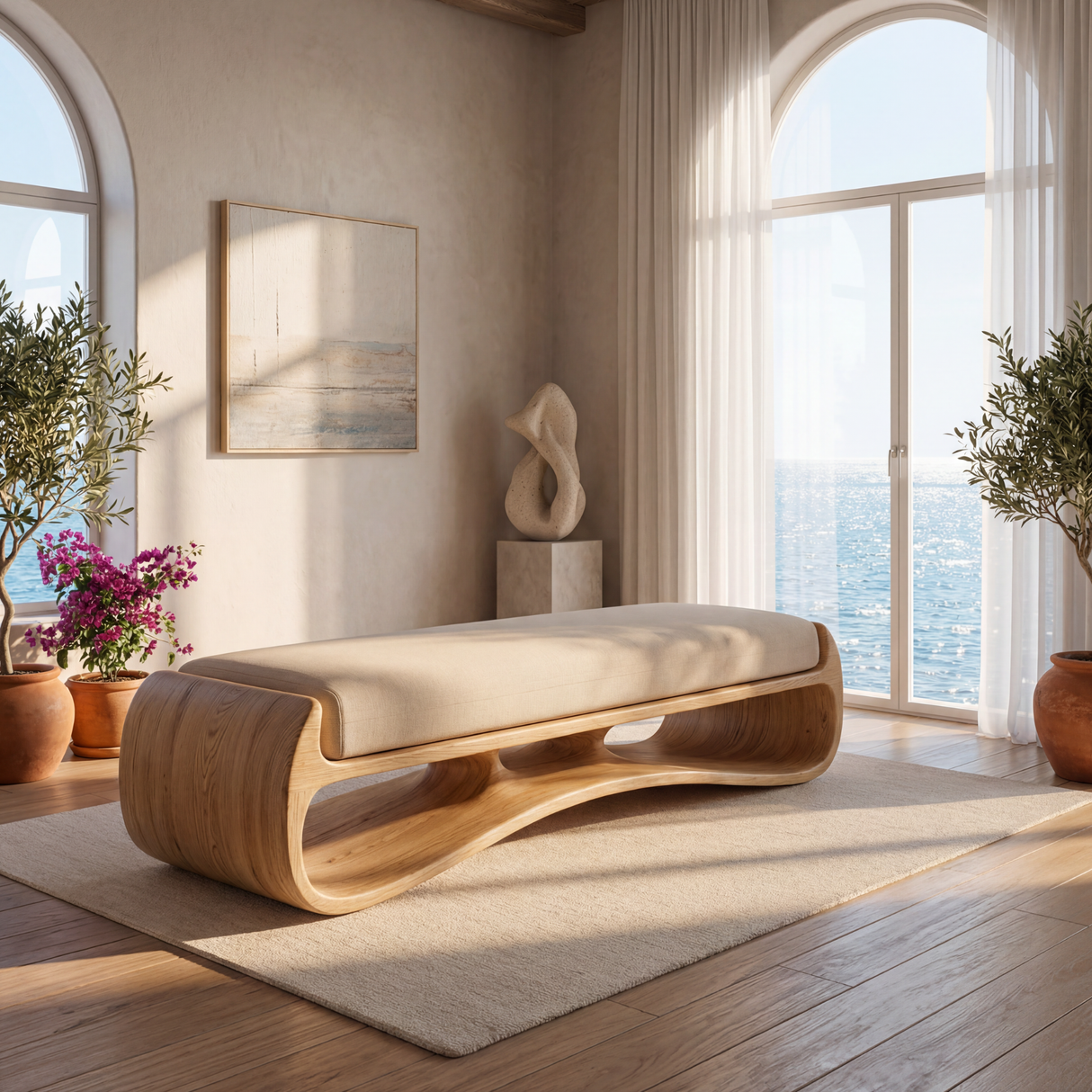 Sculptural Solid Wood Bench with Flowing Open Base for Living Space