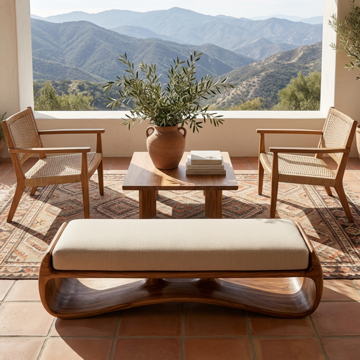 Sculptural Solid Wood Bench with Flowing Open Base for Living Space