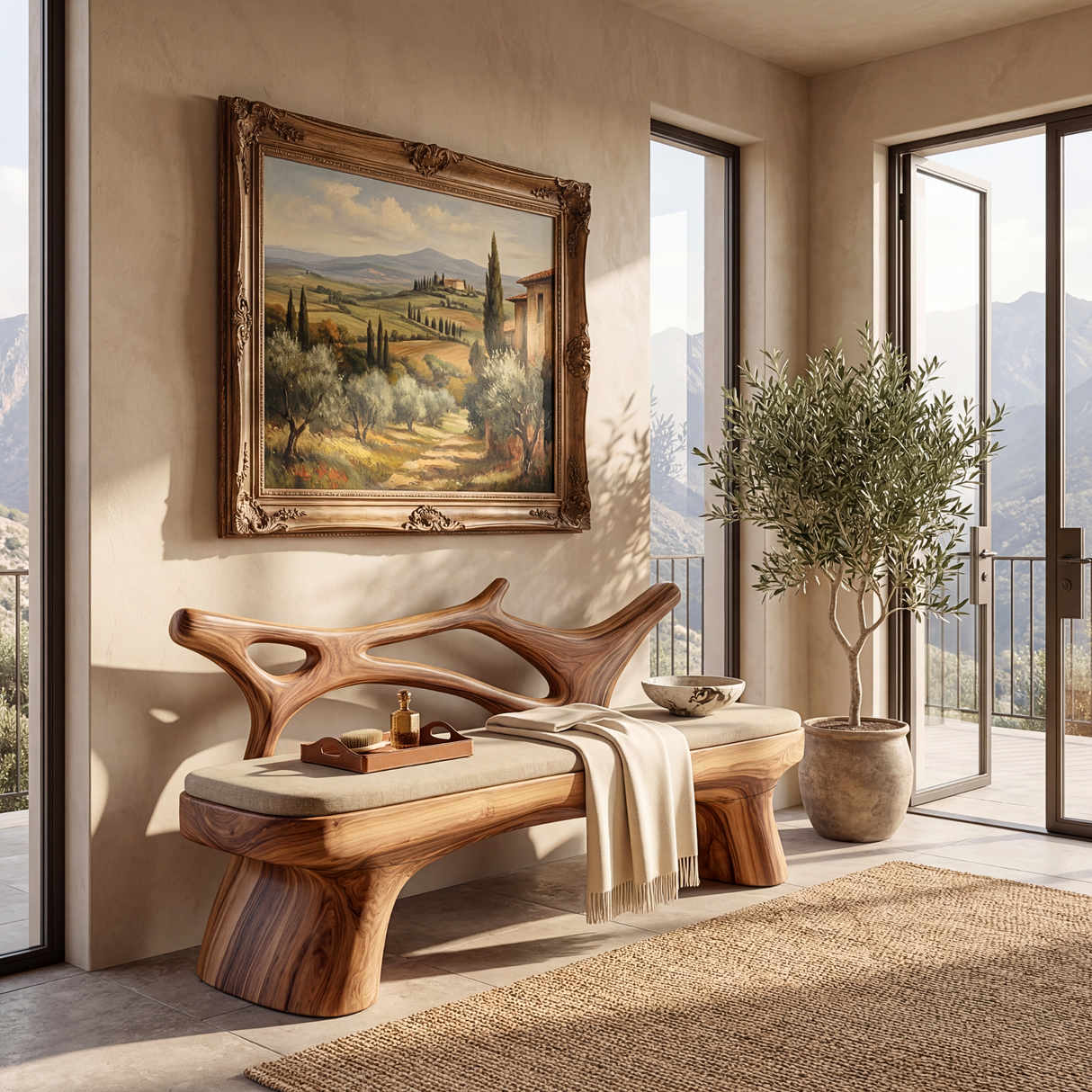 Sculptural Solid Wood Bench for Entryway and Living Space