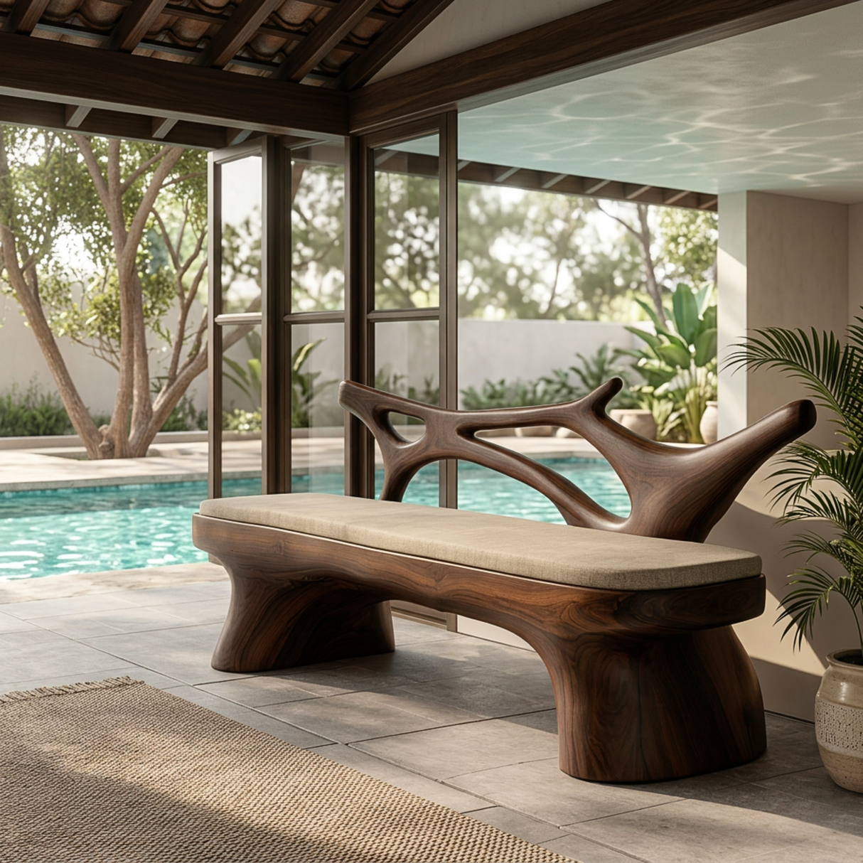 Sculptural Solid Wood Bench for Entryway and Living Space