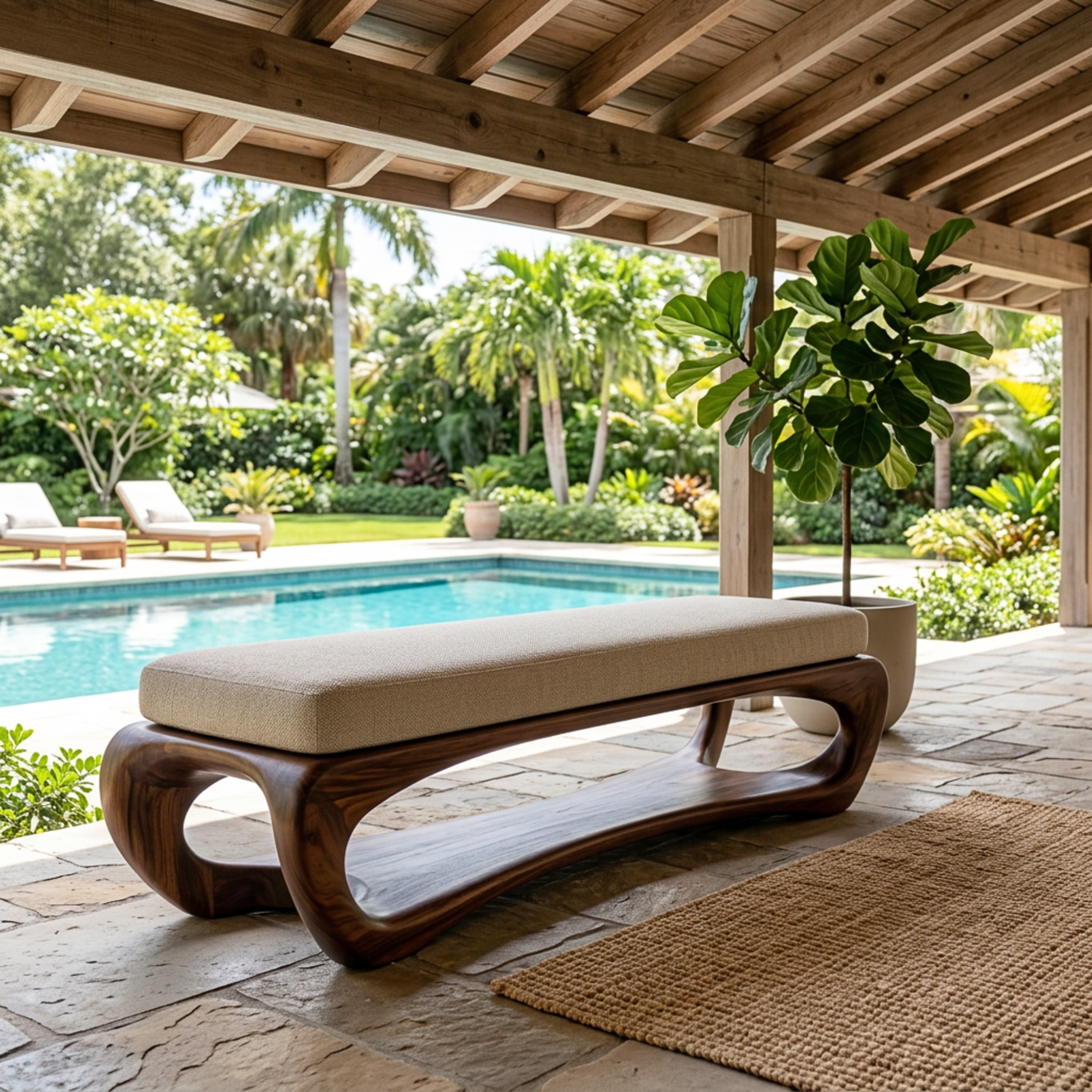Organic Solid Wood Bench with Sculptural Open Base for Living Space