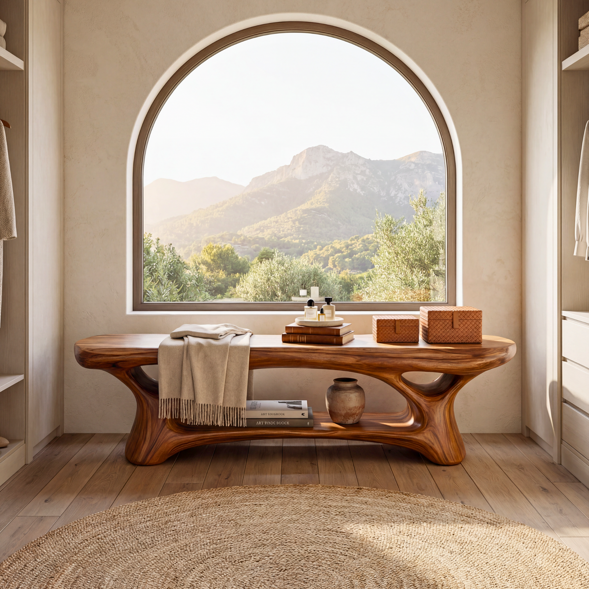 Organic Solid Wood Sculptural Bench with Open Base for Entryway and Living Space