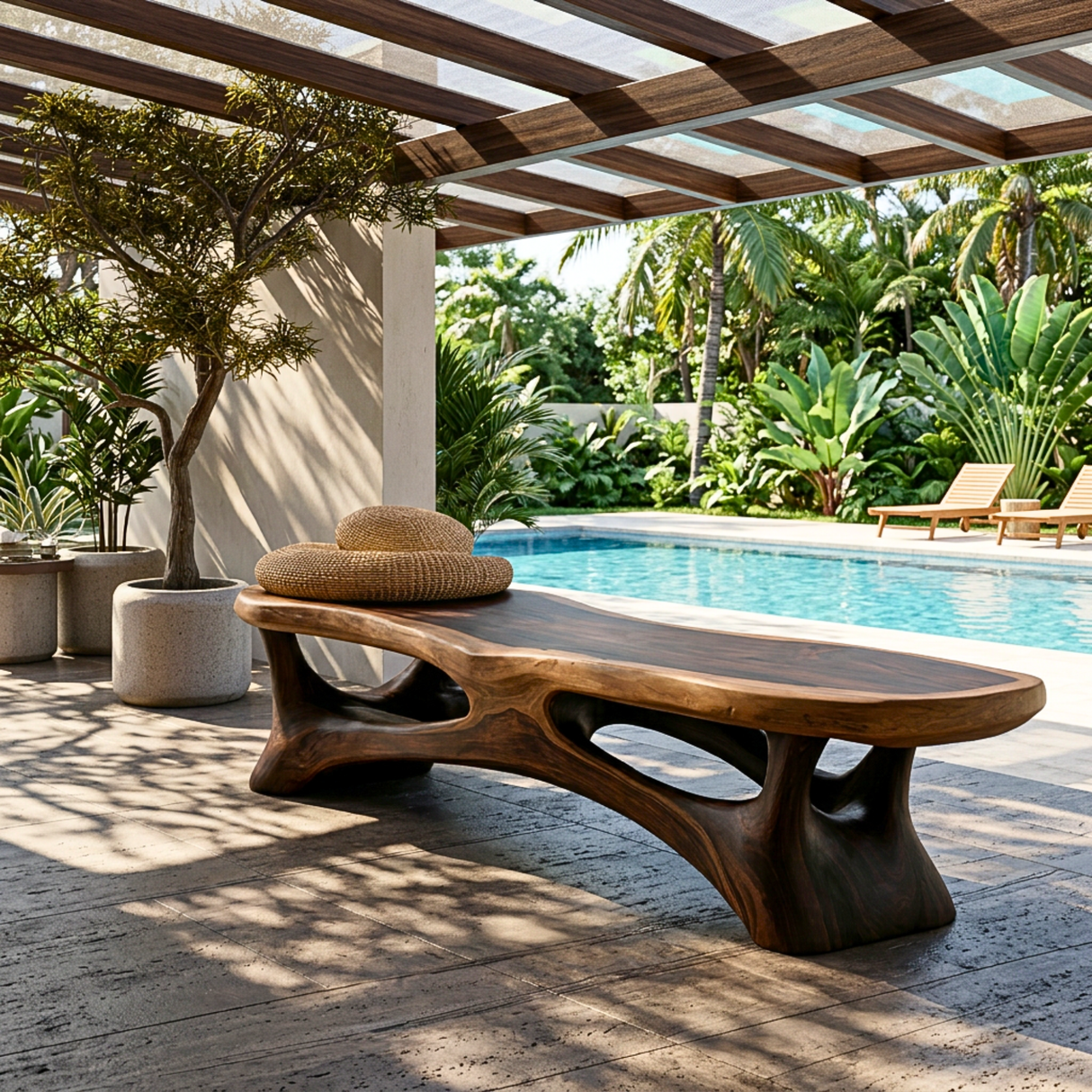 Organic Solid Wood Entryway Bench with Sculptural Open Base Design
