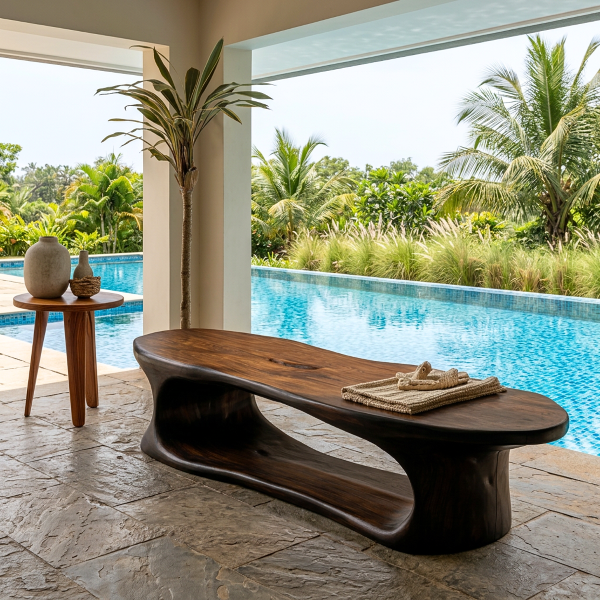 Sculptural Solid Wood Bench with Flowing Open Base for Entryway