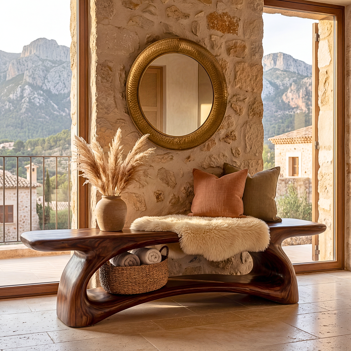 Natural Solid Wood Entryway Bench with Sculptural Open Base Design